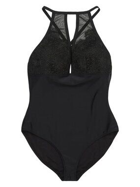 New Playful Promises Hunter McGrady Black High Neck Lace Panel Swimsuit Size 14